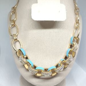 Baby blue/rhinestone gold tone link necklace
